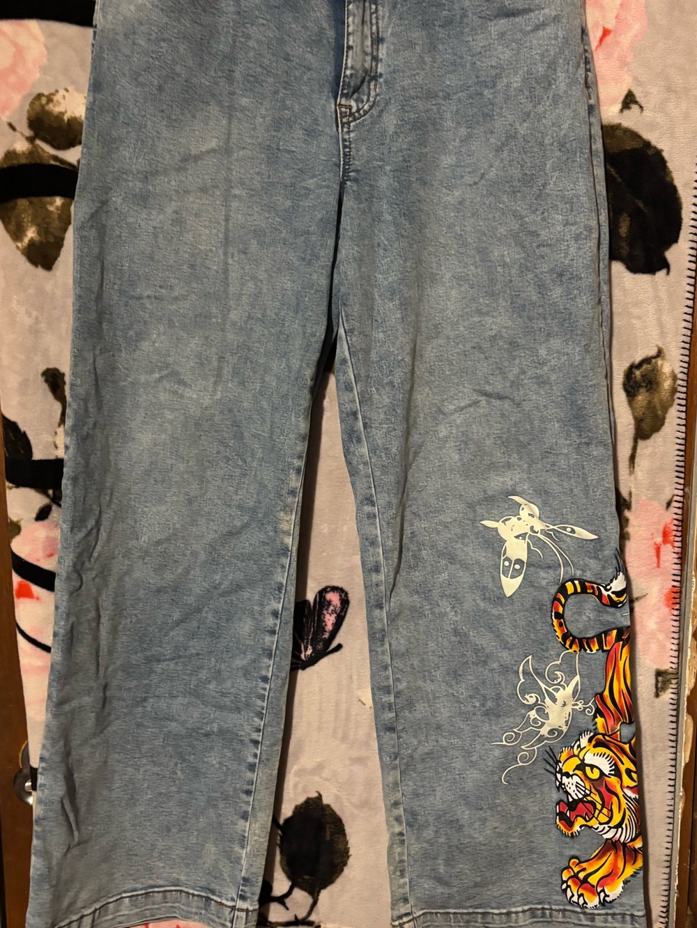 Ed Hardy Light Blue Wide-Leg Jeans with Tiger & Flame Graphic